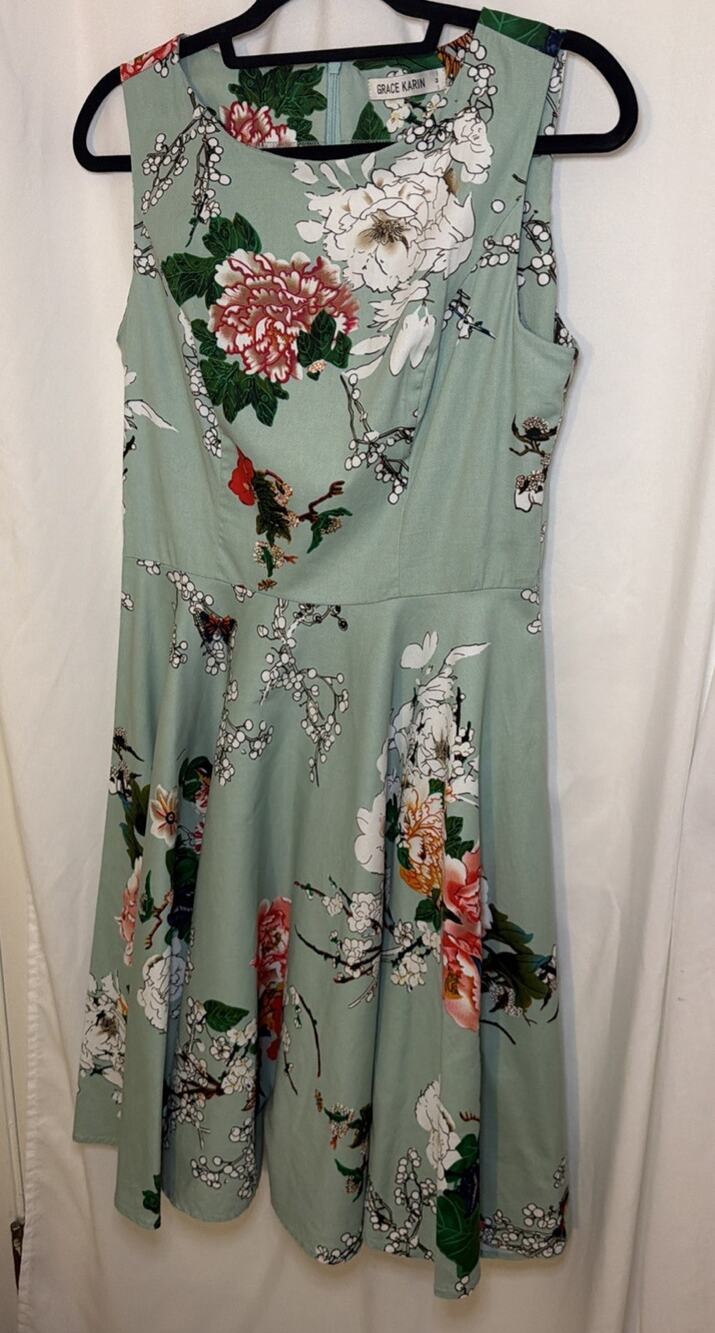 GRACE KARIN Boatneck Sleeveless Vintage Tea Dress, M Green Floral, Balletcore